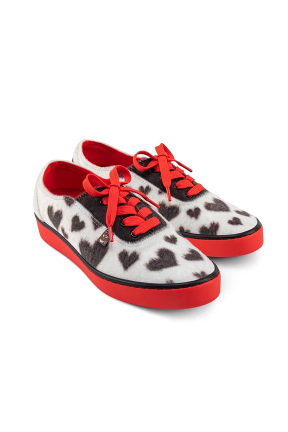 Pup Love Faux-Fur Sneakers, Women’s Lace-Up Casual Shoes, Lightweight, Vegan, White & Black Heart Print, Size 8