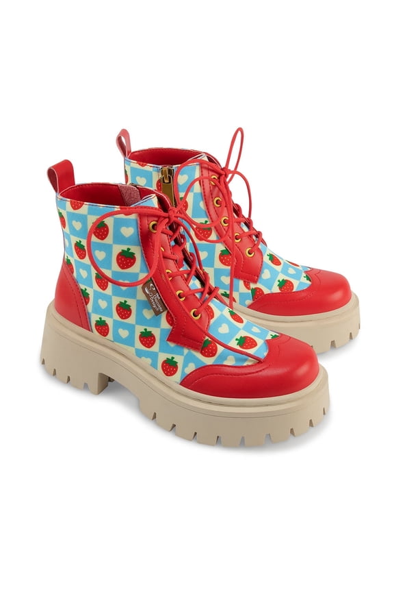 Women's Platform Ankle Boots – Creamy Berry Lace-Up Side-Zip Combat Boot, Strawberry Printed Upper with Contrast Red Laces & Chunky Lug Sole, Removable Insole, Size 6