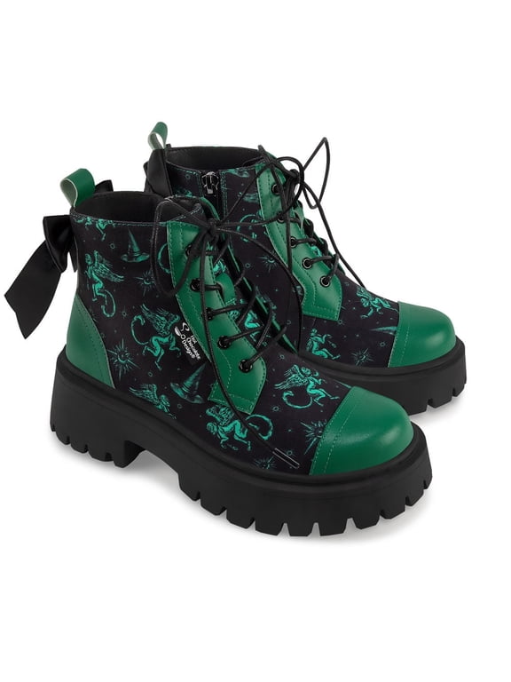 Women's Platform Ankle Boots – Emerald Witch Lace-Up Side-Zip Combat Boot, Printed Upper with Black Bow & Chunky Lug Sole, Removable Insole, Size 8