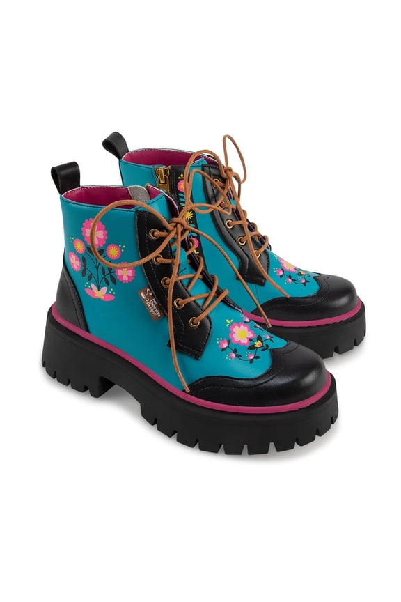 Women's Platform Ankle Boots – Enchanted North Lace-Up Side-Zip Combat Boot, Floral Printed Upper with Contrast Laces & Chunky Lug Sole, Removable Insole, Size 6
