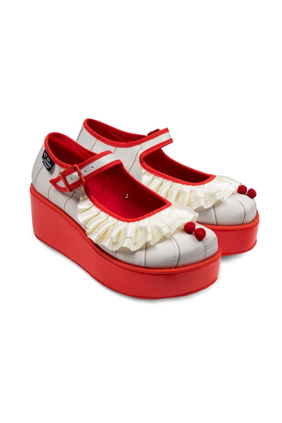 Women's Platform Shoes – Clown Mary Jane, Buckle Closure, Ruffle & Pom-Pom Detail, Bold Red Platform Heel, Rubber Sole, Cushioned Insole, Size 6