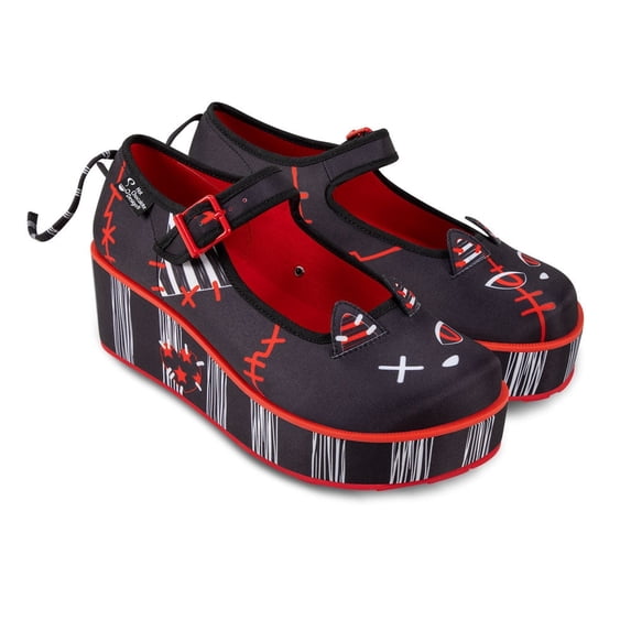 Hot Chocolate Design Women's Platform Shoes – Riot Kitty Mary Jane, Buckle Closure, Cat Face Design, Red Accents, 2.2" Platform Heel, Rubber Sole, Cushioned Insole, Size 8