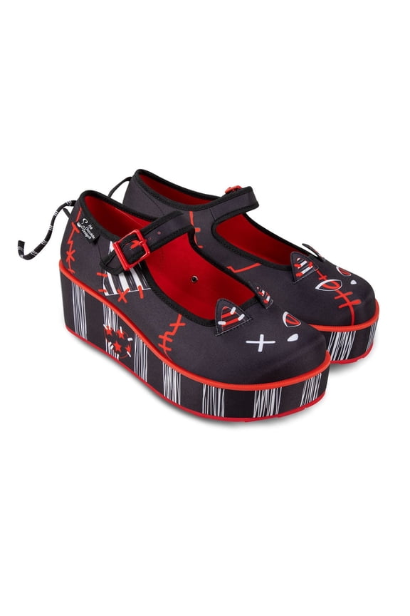 Women's Platform Shoes – Riot Kitty Mary Jane, Buckle Closure, Cat Face Design, Red Accents, 2.2" Platform Heel, Rubber Sole, Cushioned Insole, Size 6