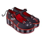 Hot Chocolate Design Womens Platform Shoes   Riot Kitty Mary Jane, Buckle Closure, Cat Face Design, Red Accents, 2.2" Platform Heel, Rubber Sole, Cushioned Insole, Size 6