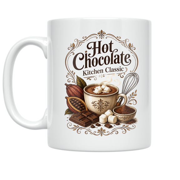 Hot Chocolate Kitchen Classic - Cocoa Lovers, 11 oz White Ceramic Coffee Mug
