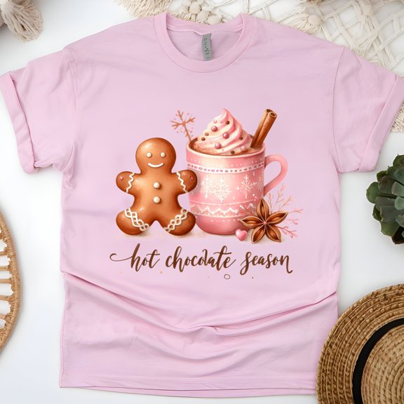 Hot Chocolate Season T-Shirt | Gingerbread Mug Graphic Tee, Light Pink, Size 2XL