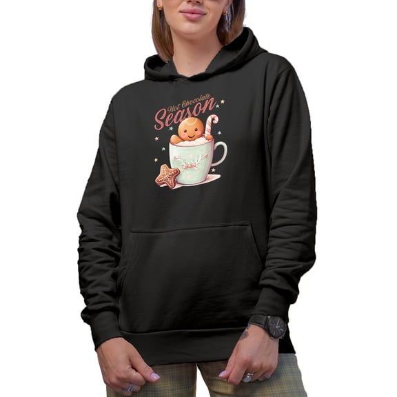Hot Chocolate Season with Gingerbread in a Mug Art, Black Hooded Sweatshirt or Hoodie, Small