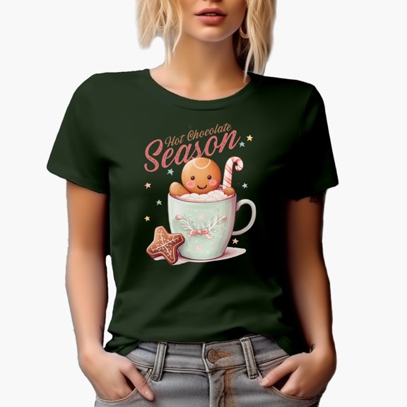 Hot Chocolate Season with Gingerbread in a Mug Art, Military Green T-Shirt, Medium