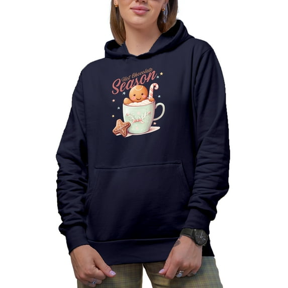 Hot Chocolate Season with Gingerbread in a Mug Art, Navy Blue Hooded Sweatshirt or Hoodie, Medium