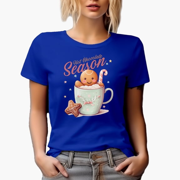 Hot Chocolate Season with Gingerbread in a Mug Art, Royal Blue T-Shirt, Medium