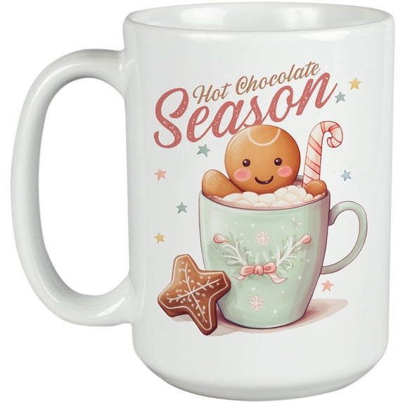 Hot Chocolate Season with Gingerbread in a Mug Christmas or Winter Art Merch Gift, White 15oz Ceramic Mug