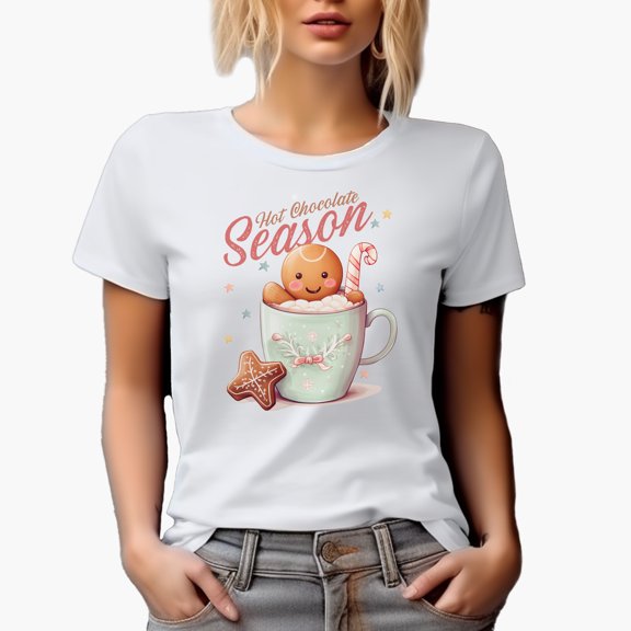 Hot Chocolate Season with Gingerbread in a Mug Christmas or Winter Art Merch Gift, White T-Shirt, Medium
