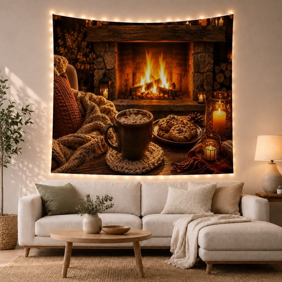 Hot Chocolate by a Stone Fireplace with Cookies and Candles, Peaceful Rustic for Cocoa Lovers, Winter Hearth Decor, Christmas Gift, Tapestry Wall Hanging for Kitchen and Den