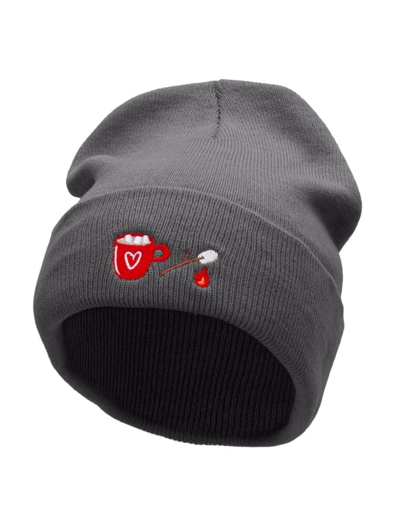Hot Coca Marshmellow Embroidered 12 inch Acrylic Cuffed Long Beanie - Charcoal OSFM