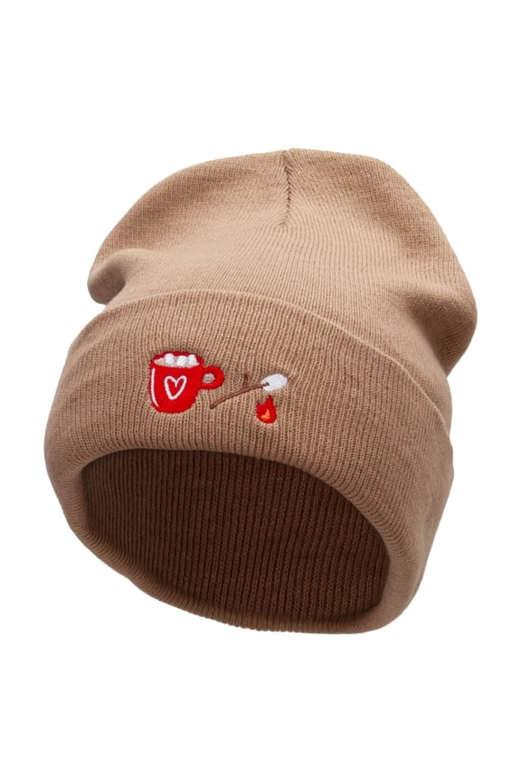 Hot Coca Marshmellow Embroidered 12 inch Acrylic Cuffed Long Beanie - Khaki OSFM