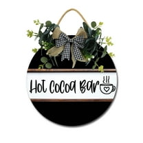 Hot Cocoa Bar Sign Front Door Porch Decorations, Round Rustic Wood Hanging Sign for Farmhouse Porch Outdoor Home Holiday Front Door Sign Decor
