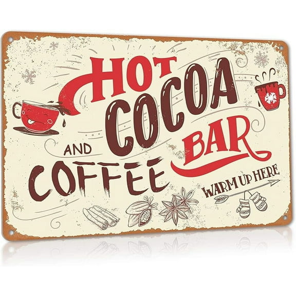 Hot Cocoa Bar Sign Vintage Christmas Coffee Station Wall Decor Metal Signs Home Kitchen Decorations Aluminum 8" x 12"