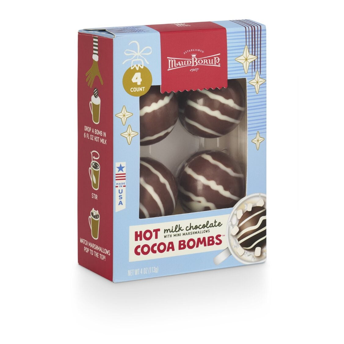 Hot Cocoa Bomb, 4 pack includes four chocolate shells filled with micro-mini marshmallows. Just drop the chocolate shell into a hot cup of milk, stir and enjoy.