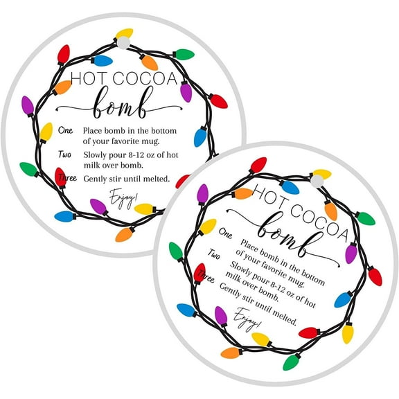 Hot Cocoa Bomb Instruction Cards 30 Pack 2.5" inch Circle Tag with Pre-Cut Hole Hot Cocoa Bomb Supplies Christmas Lights Holiday String Lights Design