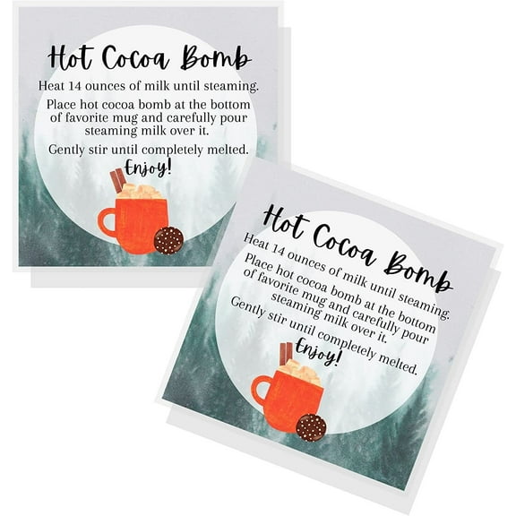 Hot Cocoa Chocolate Bomb Instruction Tags Cards 50 Pack 2.5" inch Square Labels Hot Cocoa Bomb Supplies Christmas Holiday Winter Snow