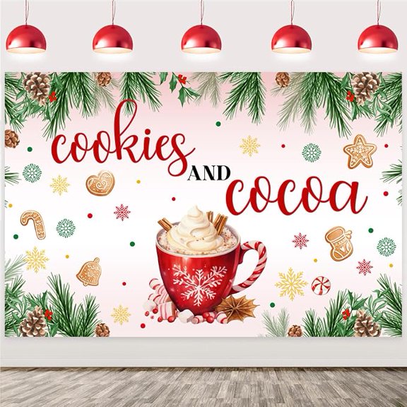 Hot Cocoa Christmas Backdrop Cookies and Cocoa Backdrop Banner Red Green Coffee Plants and Snowflake Patterns Christmas Photography Backdrop Cloth for Winter Christmas Birthday Party Supplies 5x3ft