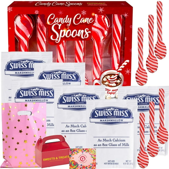 Hot Cocoa Gift Set with Marshmallows & Peppermint Candy Cane Spoons 6 Swiss Miss Packets + 6 Peppermint Spoons Muchai Treat Bag Box Included