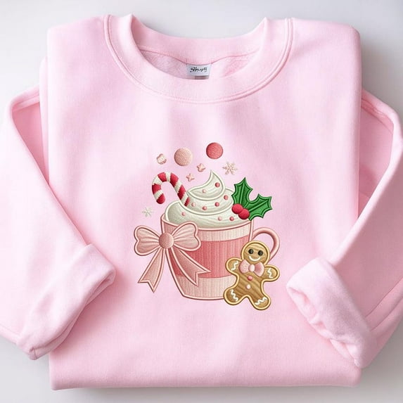 Hot Cocoa Gingerbread Embroidered Sweatshirt | Pink Holiday Cup Design | Cute Christmas Crewneck
