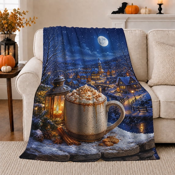 Hot Cocoa Lantern Winter Village Scene, Festive Holiday Scene, Warm Flannel Blanket for Cabin and Lodge with Detailed Artwork, Art Lovers Housewarming Gift, Festive Home Decor