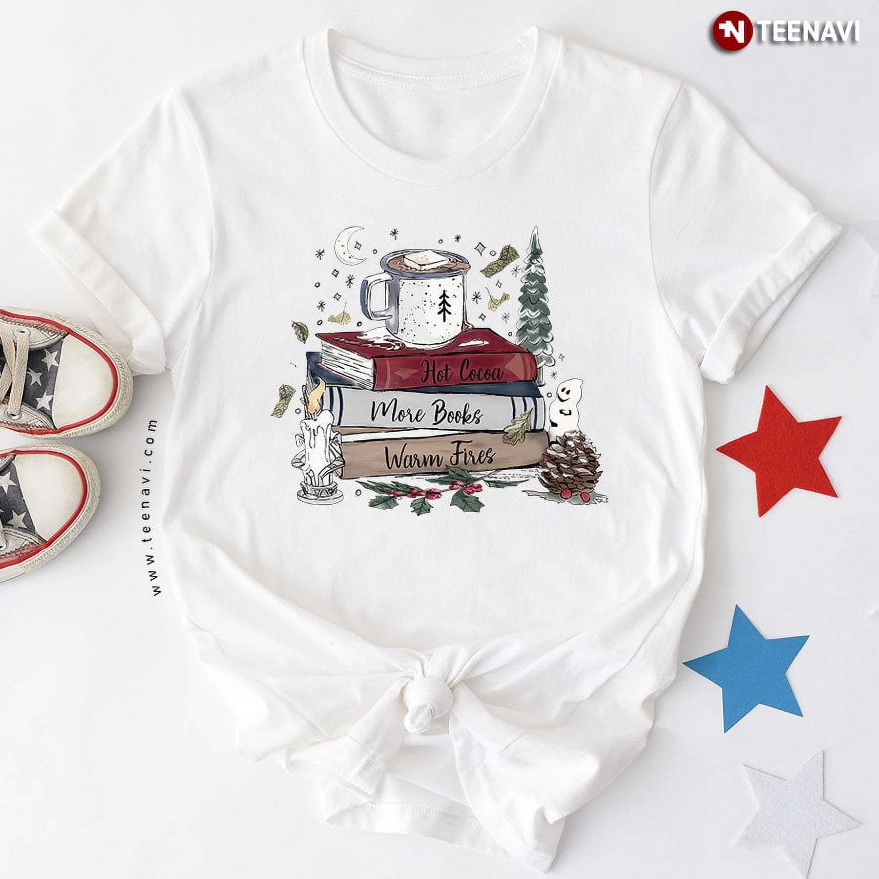 Hot Cocoa More Books Warm Fires Book Lover Christmas Tshirt