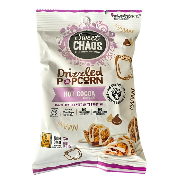 Hot Cocoa Popcorn, 1.5 oz Drizzled with Sweet White Frosting (1 Bag) – Gourmet Snack for Movie Night, Picnics, Pantry Stocking & Party Treats
