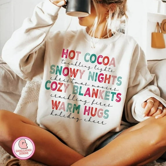 Hot Cocoa Twinkling Lights Christmas Movies Sweatshirt, Retro Holiday Tree Pullover, Tis the Season Christmas Vibes Sweater for Women