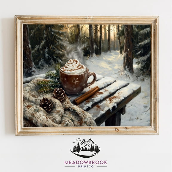 Hot Cocoa With Whipped Cream On A Snowy Bench, Rustic Winter Scene, Cozy Kristmas Kitchen Home Decor, Art Print Warm Present Vintage UNFRAMED Poster Size 8x12