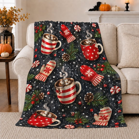 Hot Cocoa Winter Treat Flannel Blanket with red mugs, marshmallows, mittens, candy, pine, snowy dark living room Home Decor, cozy Gift for Christmas movie nights