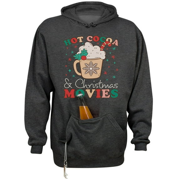 Hot Cocoa and Christmas Movies Beer Holder Tailgate Hoodie Sweatshirt Unisex Large Charcoal Heather