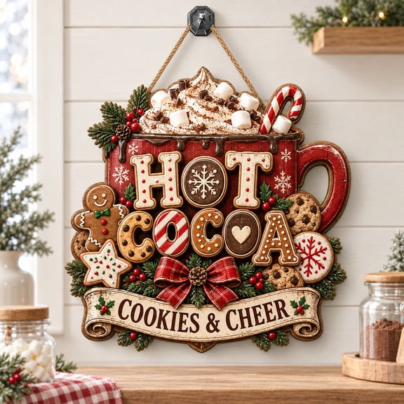 Hot Cocoa and Cookies Wooden Door Sign for Christmas Entryway Decor
