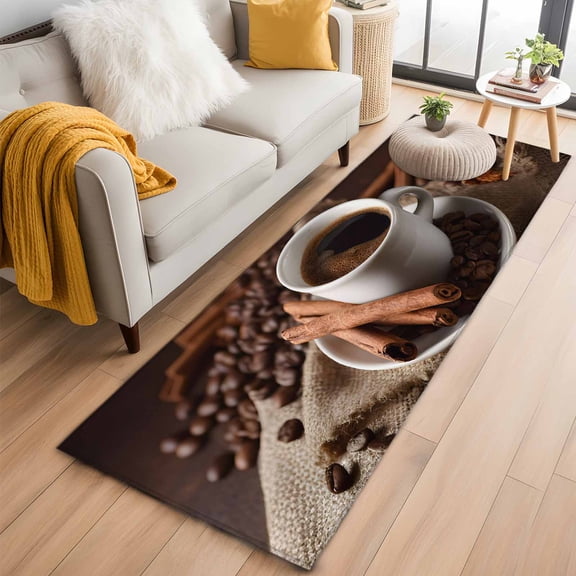 Hot Coffee 2'x6' Runner Rugs for Hallway Kitchen Bedside Non Slip Washable, Cinnamon Cafe Beans Latte Cup Rustic Vintage Entryway Rug Runners with Rubber Backing, Long Carpet Runner for Laundry Room