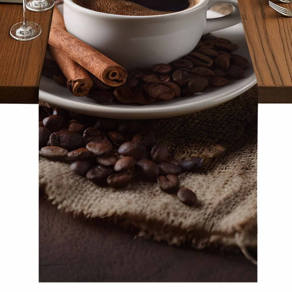 Hot Coffee Burlap Cotton Table Runner 13x120 Inches Long, Cinnamon Cafe Beans Latte Cup Rustic Vintage Farmhouse Table Runners, Outdoor Dining Tablecloths Decor for Baby Shower/Party/Wedding