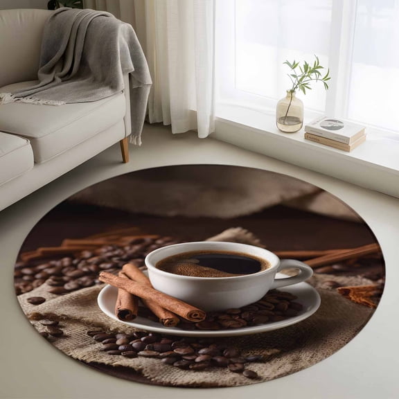Hot Coffee Round Area Rug 3Ft Washable Small Circle Rugs for Kitchen Entryway, Cinnamon Cafe Beans Latte Cup Rustic Vintage Non-Slip Carpet Floor Mats Indoor Outdoor Carpet Runner Home Decor