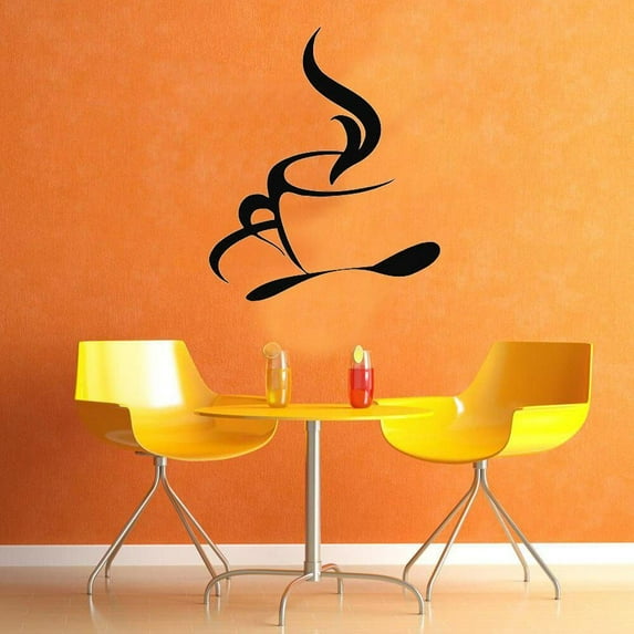 Hot Coffee Tea Cup Spoon Kitchen Wall Decal Cafe Interior Home Decor Waterproof Removable Wall Sticker Poster Vinyl 61x44cm