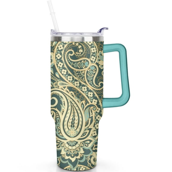 Hot Cold Preservation 40oz Paisley Tumbler with Flip Straw Lid, Vacuum Insulated Leak Proof Stainless Steel Travel Mug with Handle