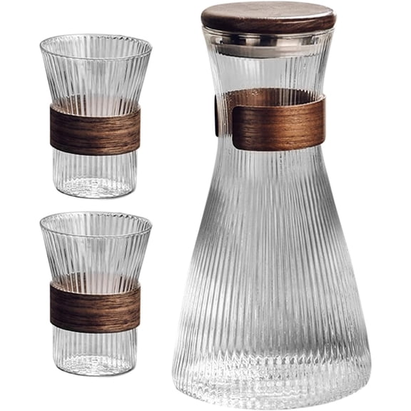Hot & Cold Water Pitcher with Walnut Lid, Glass Tea Pitcher for Fridge, Cold Brew Jug for Juice & Fruit Infused Water, Includes Cups, Kitchen Essential(RL 1 Set)