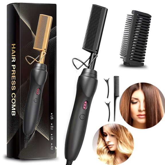 Hot Comb Hair Straightener, Electric Portable Travel Anti-Burn Beard Straightener Press Comb Ceramic Curler Flat Iron