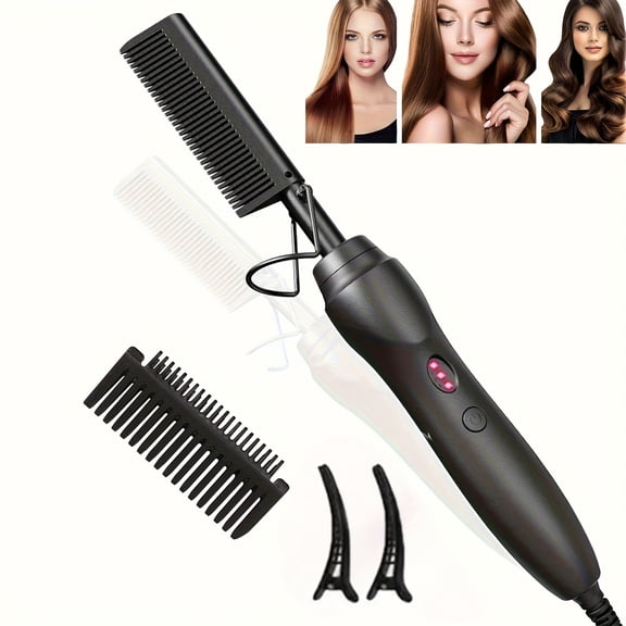 Hot Comb Hair Straightener, Portable Ceramic Curler Copper Heat Press, Curl Straight Hair Styling Brush for Hair Beard Wig, Wet and Dry Hair Styling Tools