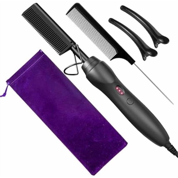 Hot Comb Hair Straightener Pressing Combs - Ceramic Electric Straightening Comb, Curling Iron for Black Beard Wigs Holiday - Black 5 In1