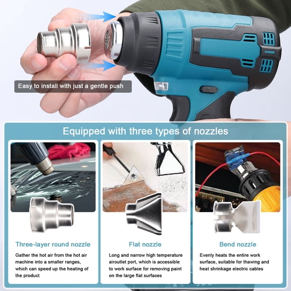 Hot Cordless Handheld Hot Air Heating Machine Lithium Rechargeable Heating Equipment HighTemperature Power Tool With 3 Nozzles For Shrink Wrapping Heat Shrink Tube PVC