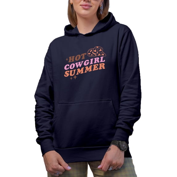 Hot Cowgirl Summer feat. a Cowboy Hat Art Merch Gift, Navy Blue Hooded Sweatshirt or Hoodie, Medium