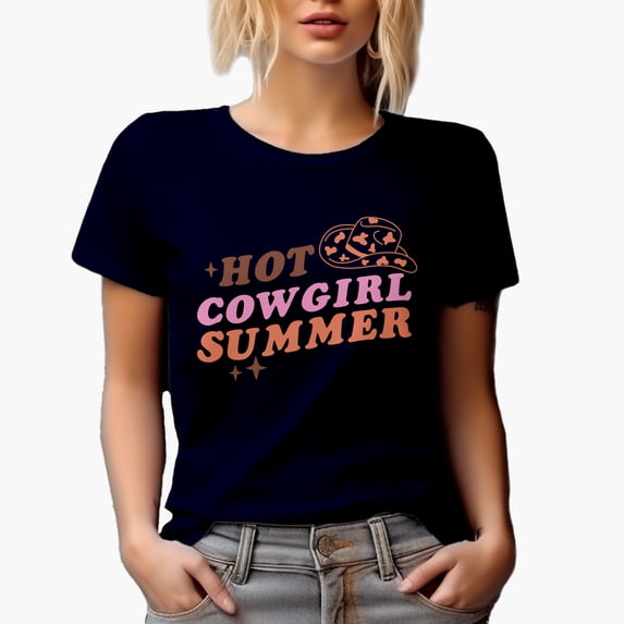 Hot Cowgirl Summer feat. a Cowboy Hat Art Merch Gift, Navy Blue T-Shirt, Large