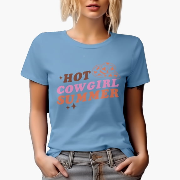 Hot Cowgirl Summer with Cowboy Hat Art Merch Gift, Baby Blue T-Shirt, Medium