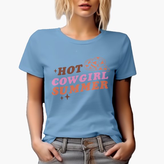 Hot Cowgirl Summer with Cowboy Hat Art Merch Gift, Baby Blue T-Shirt, Small