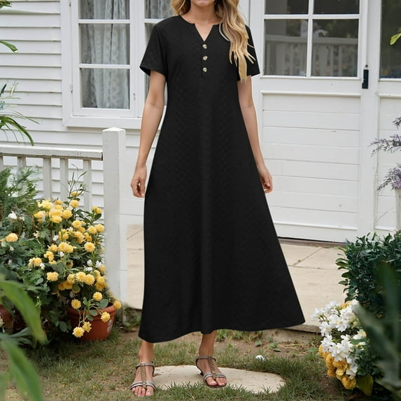 Hot Days, Bold Styles SMihono Maxi Dresses for Women 2025 Short Sleeve Solid Casual Dresses Button V Neck Summer Boho Beach Dress with Pockets Black S